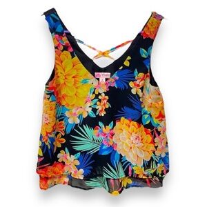 Candie’s Swingy Tropical Layered Tank Top with Criss-Cross Back in Black Size M